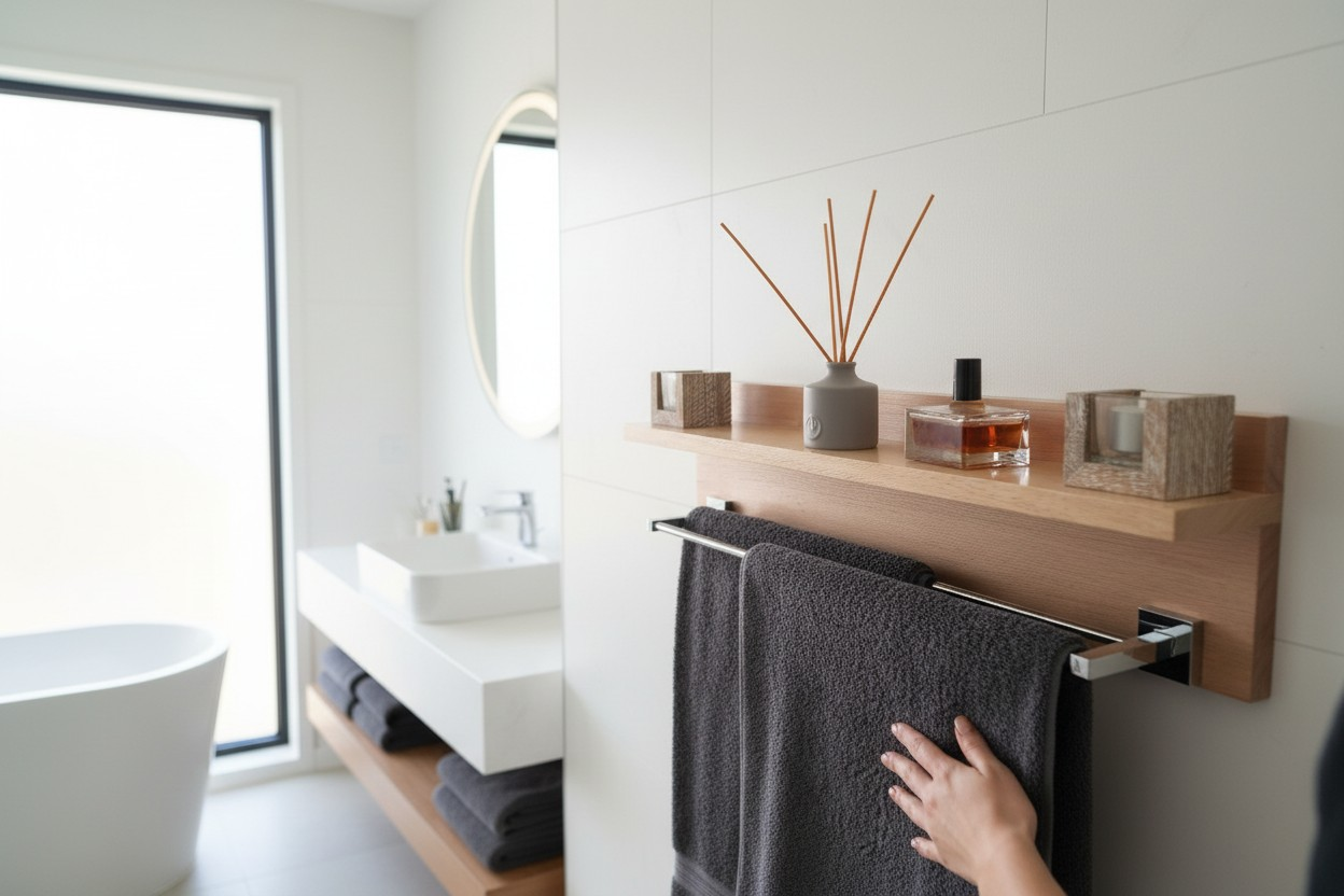 Tasmanian Oak 70cm Bathroom Shelf with Dual Chrome Towel Rail