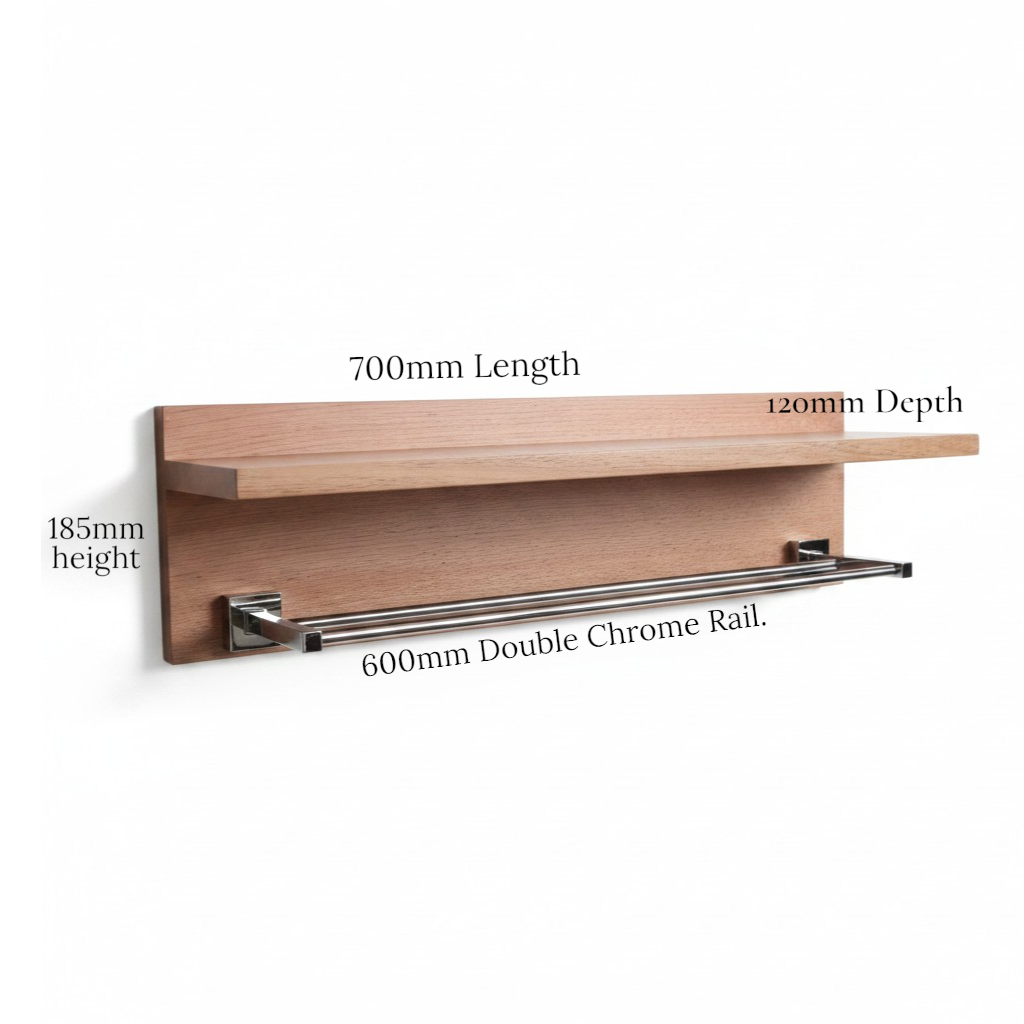 Tasmanian Oak 70cm Bathroom Shelf with Dual Chrome Towel Rail
