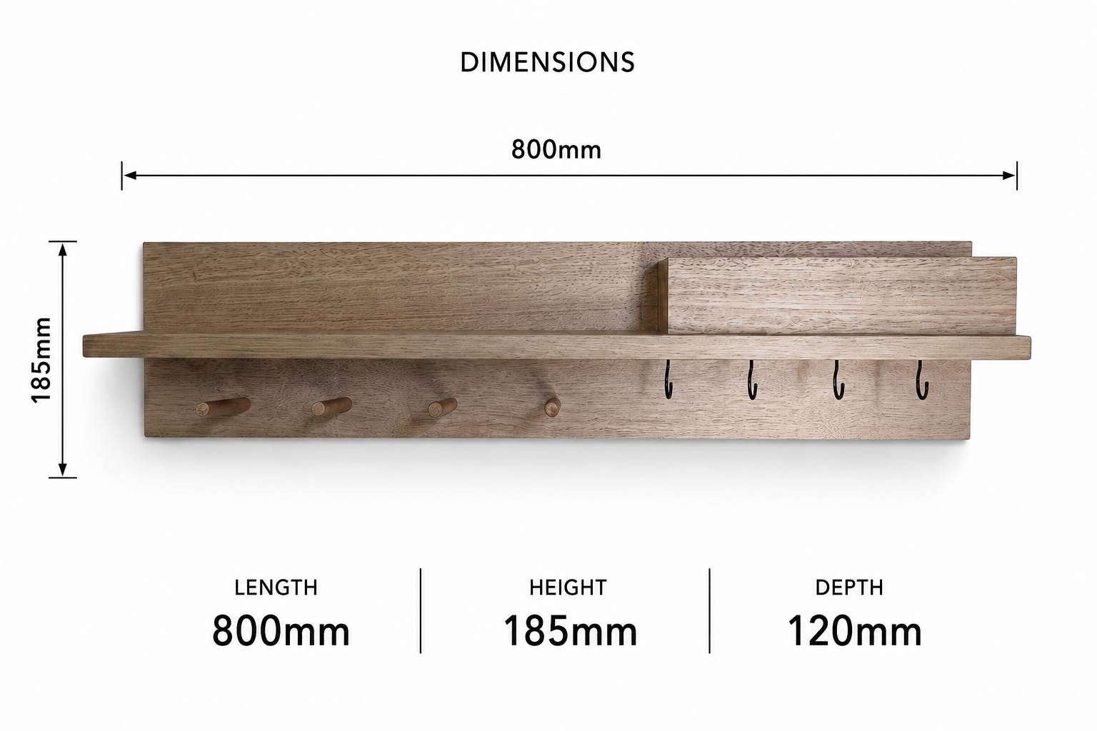 Tasmanian Oak 80cm Entryway Organizer, Wall Shelf with Pegs, Hooks, Mailbox