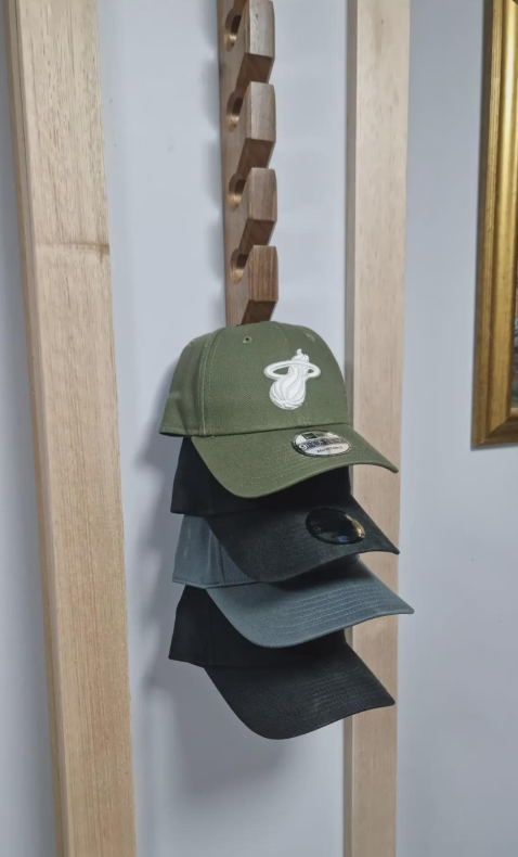 Spotted Gum Wall Mounted Cap Holder: 10 Hook Hat Rack