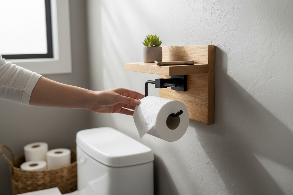 Tasmanian Oak Toilet Roll Holder with Matt Black Holder