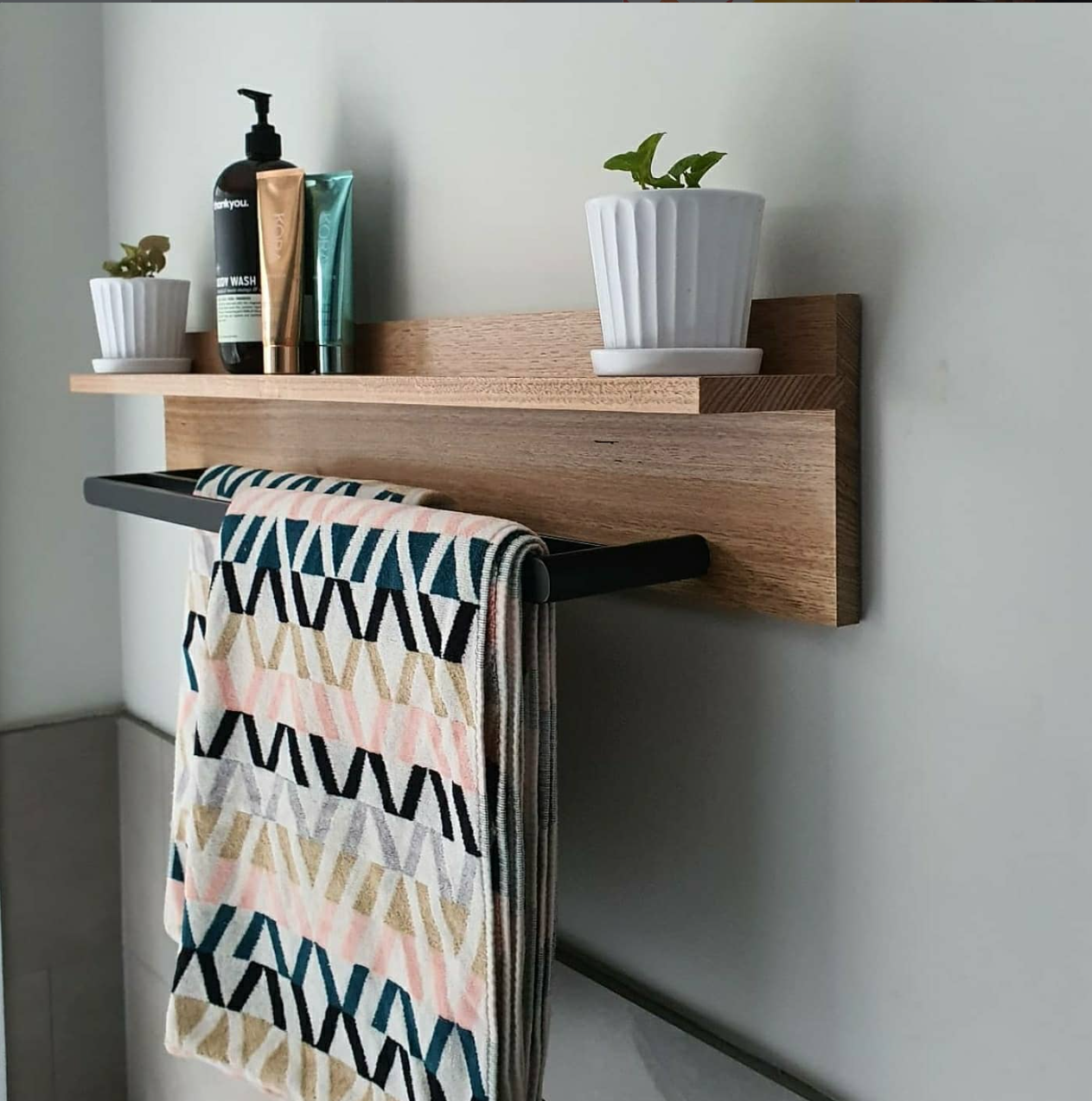 Tasmanian Oak 70cm Bathroom Shelf with 60cm Dual Matt Black Towel Rack