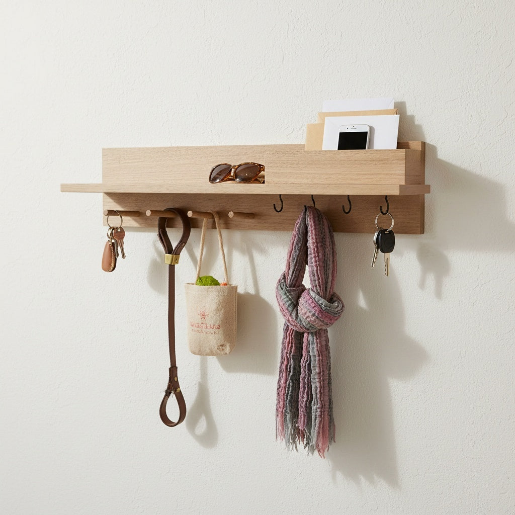 Tasmanian Oak 80cm Entryway Organizer, Wall Shelf with Pegs, Hooks, Mailbox