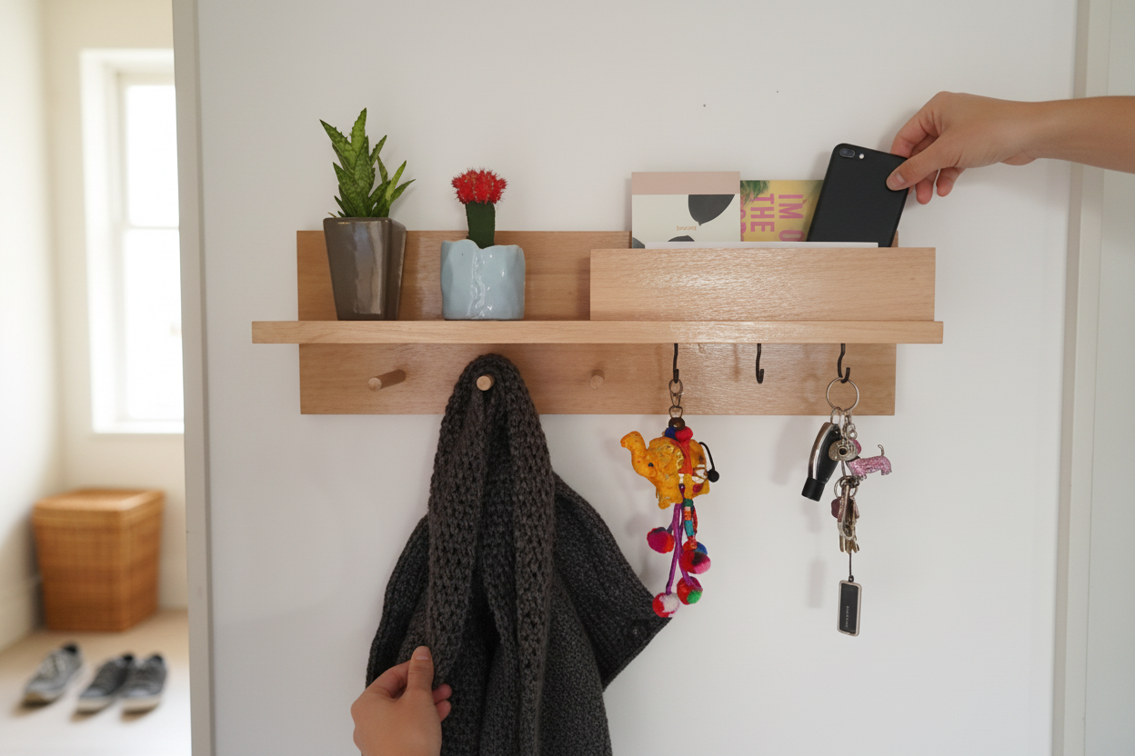 Tasmanian Oak 60cm Entryway Organizer, Mailbox Shelf with Pegs and hooks.