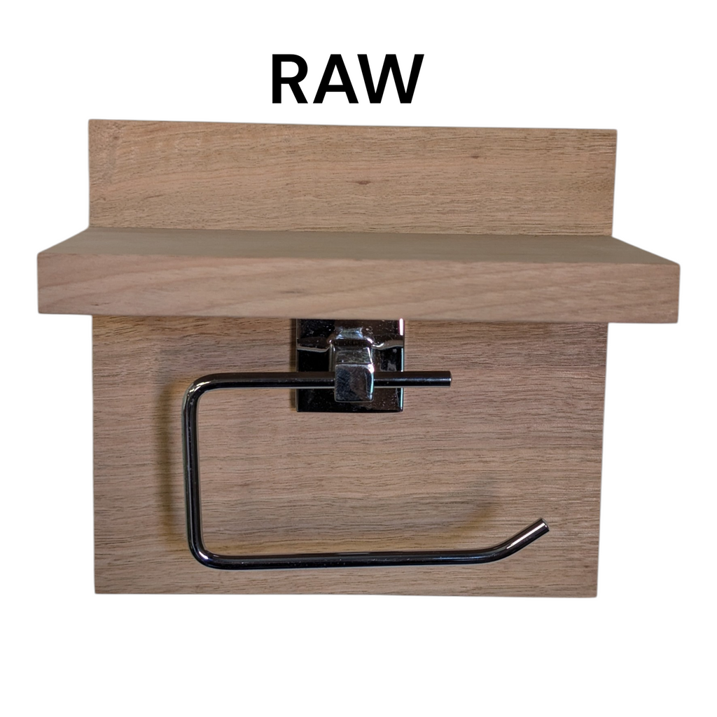 Tasmanian Oak Chrome Toilet Roll Holder with Shelf | Timber Bathroom Décor