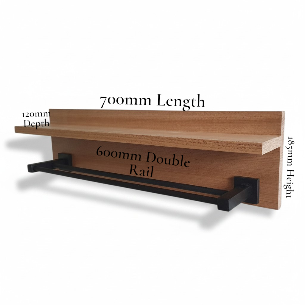 Tasmanian Oak 70cm Bathroom Shelf with 60cm Dual Matt Black Towel Rack