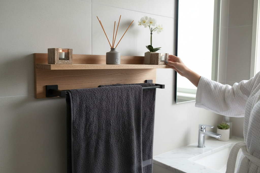 Tasmanian Oak 70cm Bathroom Shelf with 60cm Dual Matt Black Towel Rack