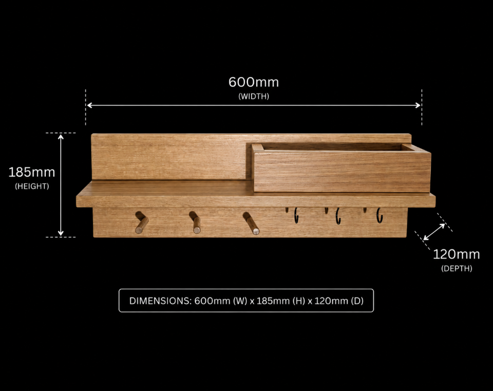 Tasmanian Oak 60cm Entryway Organizer, Mailbox Shelf with Pegs and hooks.
