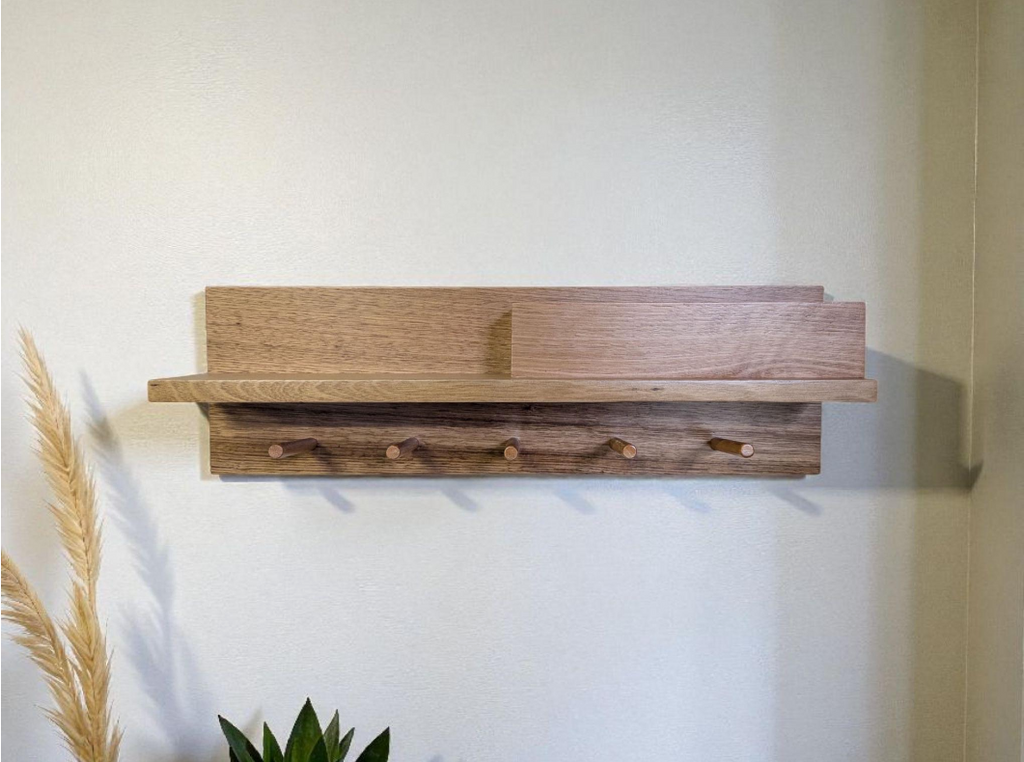 Tasmanian Oak 60cm Entryway Organizer, Mailbox Shelf with Pegs & Magnets