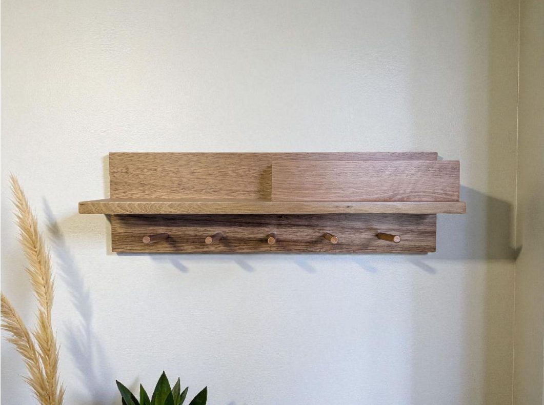 Tasmanian Oak 60cm Entryway Organizer, Mailbox Shelf with Pegs & Magnets