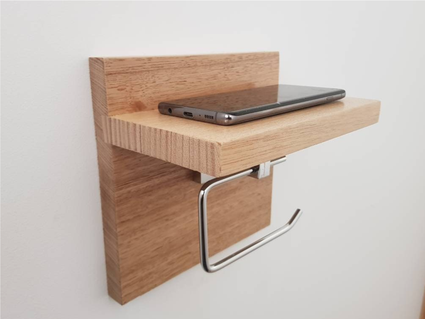 Tasmanian Oak Chrome Toilet Roll Holder with Shelf | Timber Bathroom Décor