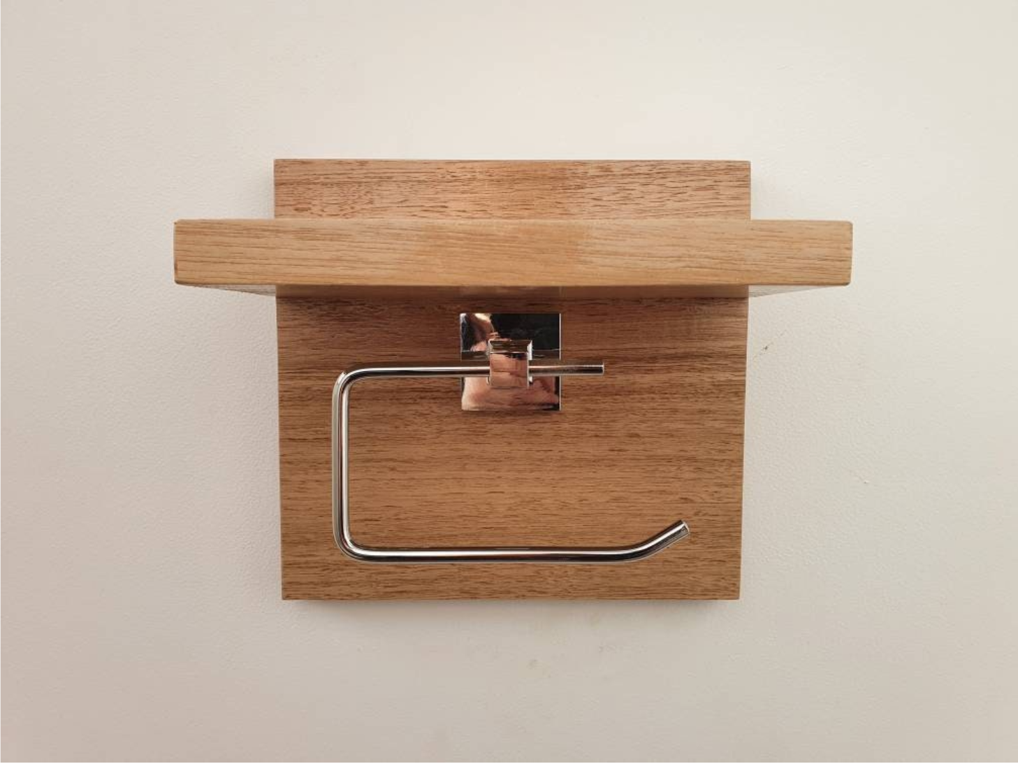 Tasmanian Oak Chrome Toilet Roll Holder with Shelf | Timber Bathroom Décor