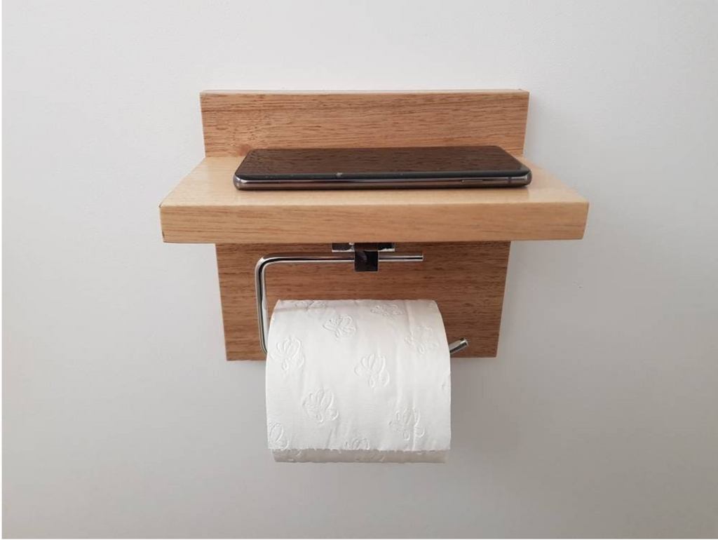 Tasmanian Oak Chrome Toilet Roll Holder with Shelf | Timber Bathroom Décor