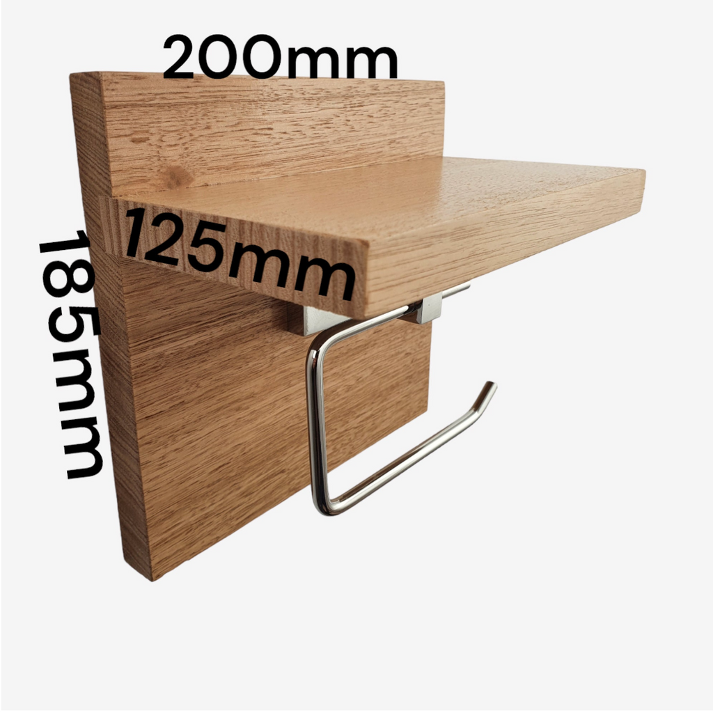 Tasmanian Oak Chrome Toilet Roll Holder with Shelf | Timber Bathroom Décor
